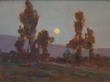 une image représentant un tableau où l'on voit des arbres dans un champ, avec la lune dans le ciel