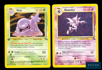 Deux cartes Pokémon sont représentées sur un fond noir, avec une bordure jaune.