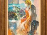 un tableau représentant une femme en robe rouge assise sur une chaise