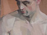 an oil painting of a man with no shirt on sitting down