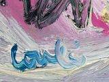 a painting of a cat that is laying down on the ground