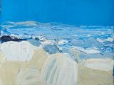 a painting of a beach scene with a blue sky