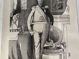 a poster of a man standing next to a chair