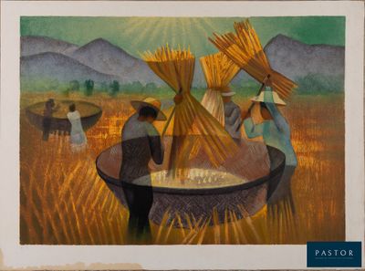 a painting of a group of people working in a field
