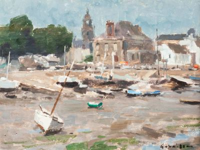 a painting of boats in a harbor with a church in the background
