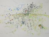 drawing of a painting of a field with wildflowers and a mountain in the background