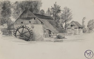 pencil drawing of a water wheel in front of a building