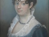 portrait of a woman in a blue dress with a pearl necklace