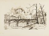 drawing of a drawing of a bridge over a river in a park