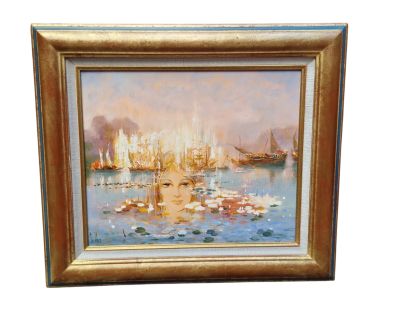 an oil painting of a harbor scene with boats in the water