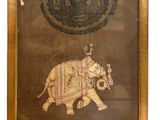 painting of an elephant with a man riding on it ' s back