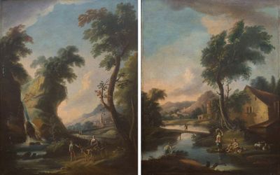 two paintings of a landscape with a river and a village in the distance
