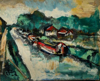 une peinture représentant des bateaux sur l'eau près d'un pont