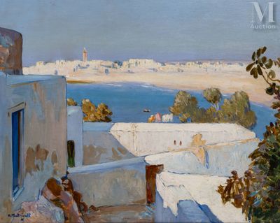 an oil painting of a man sitting on a ledge looking out over the water