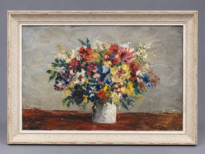 une peinture à l'huile représentant un vase de fleurs sur une table