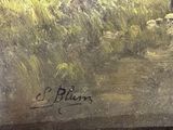 an oil painting of a man walking down a dirt road in a field
