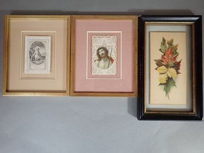 three framed pictures of a woman and a man with flowers and leaves