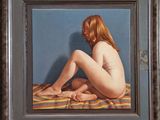 tableau représentant une femme nue assise sur un lit, recouverte d'une couverture rayée