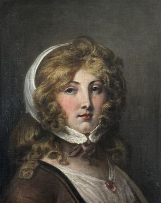 a painting of a woman in a brown dress with a white headband