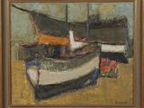an oil painting of two boats on a beach with a brown frame