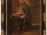 an old painting of a woman holding a child in her lap