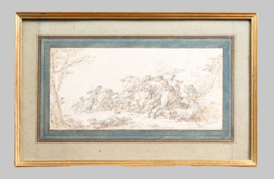 a drawing of a group of people in a wooded landscape