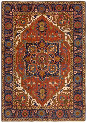 a red and blue rug with a medallion design on it