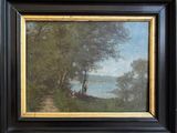an image of a painting of a man and a woman sitting on a bench by a lake