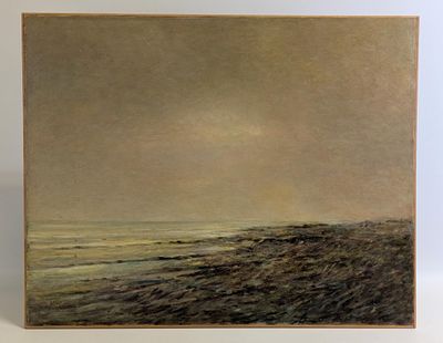 une peinture à l'huile représentant une scène de plage avec un bateau solitaire au loin