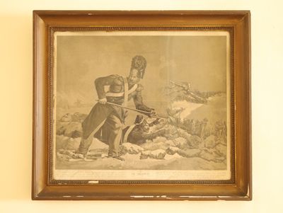 tableau représentant un homme et une femme accompagnés d'un chien dans un paysage enneigé