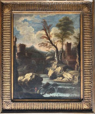 a painting of a landscape with a river and a castle