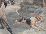 un tableau représentant un homme à cheval, avec un chien qui court derrière lui