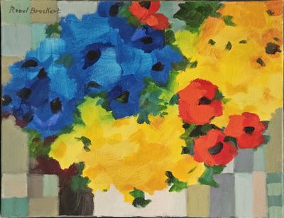 a painting of blue and yellow flowers in a vase