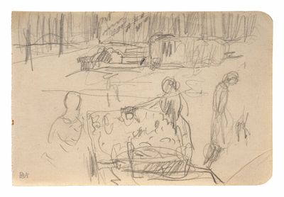 dessin représentant un groupe de personnes dans un parc, avec une calèche en arrière-plan