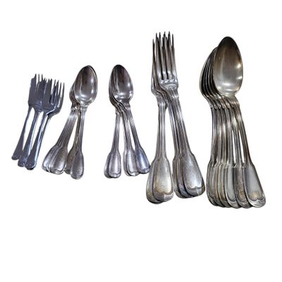 a lot of silver spoons and forks on a white background