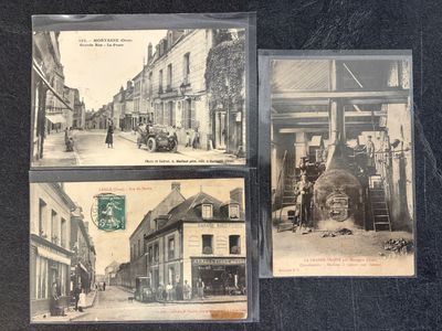 three old postcards of a street scene with a horse and buggy