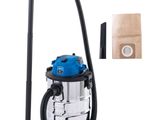 un aspirateur bleu avec un sac marron à côté