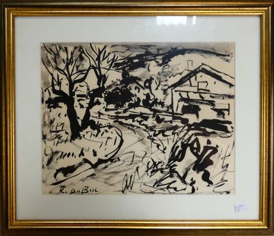 tableau représentant un paysage en noir et blanc, dans un cadre doré