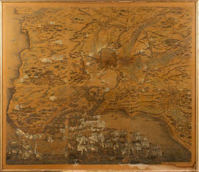 une vieille carte d'une ville sur laquelle figurent de nombreux bateaux