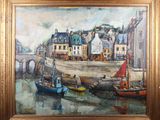 une peinture de bateaux dans un port avec des bâtiments à l'arrière-plan