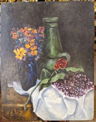 tableau représentant une nature morte composée de fleurs et d'un vase posés sur une table
