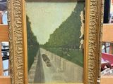 an old picture of a painting of a road with a car on it