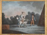 tableau représentant deux enfants et un chien dans un paysage avec une pyramide