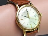 a watch on a woman ' s wrist with a brown strap