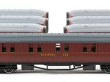 three red and black train cars sitting next to each other