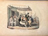 an old picture of a group of men sitting around a table