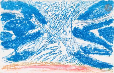 drawing of a blue and pink flower on a white background