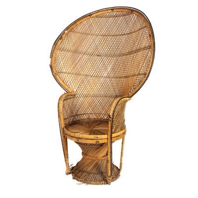 a wicker chair with a wicker seat on a white background