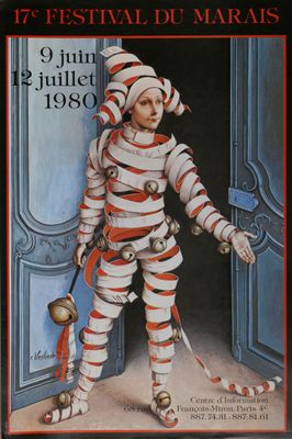painting of a man dressed in a striped suit and holding a tennis racquet in front of a blue door