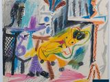 a drawing of a woman sitting at a table in front of a cat